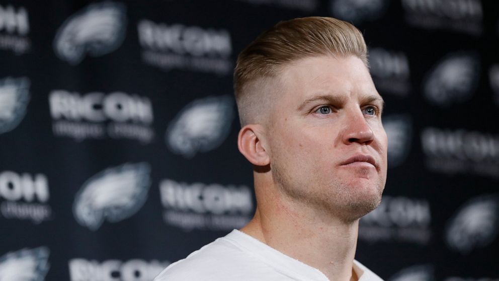 FILE - Philadelphia Eagles' Josh McCown speaks during a news conference after an NFL wild-card playoff football game against the Seattle Seahawks, Jan. 5, 2020, in Philadelphia. McCown played quarterback for 12 teams across nearly two decades in the 