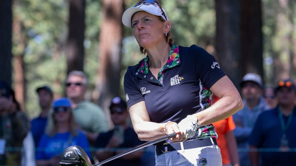 Annika Sorenstam watches a tee shot on the second hole during the first round of the American Century Celebrity Championship golf tournament at Edgewood Tahoe Golf Course in Stateline, Nev., Friday, July 8, 2022. (AP Photo/Tom R. Smedes)