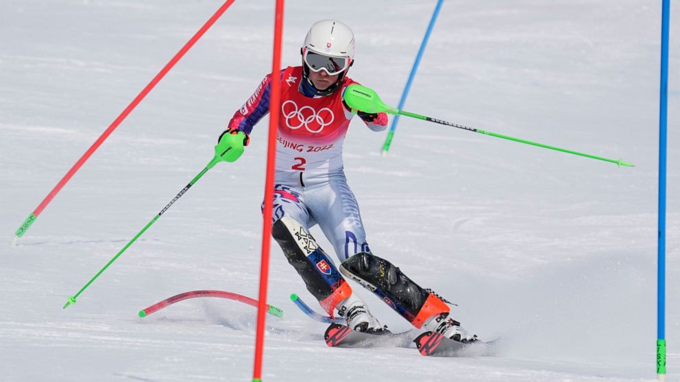 Petra Vlhova, of Slovakia passes a gate during the second run of the women's slalom at the 2022 Winter Olympics, Wednesday, Feb. 9, 2022, in the Yanqing district of Beijing. (AP Photo/Robert F. Bukaty)