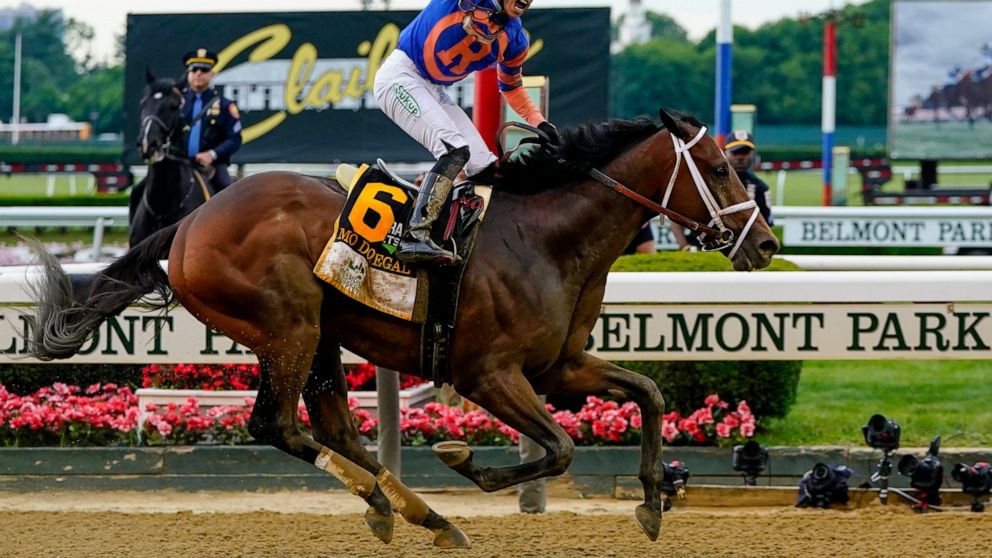 Mo Donegal (6), with jockey Irad Ortiz Jr. up, crosses the finish line to win the 154th running of the Belmont Stakes horse race, Saturday, June 11, 2022, at Belmont Park in Elmont, N.Y. (AP Photo/Frank Franklin II)