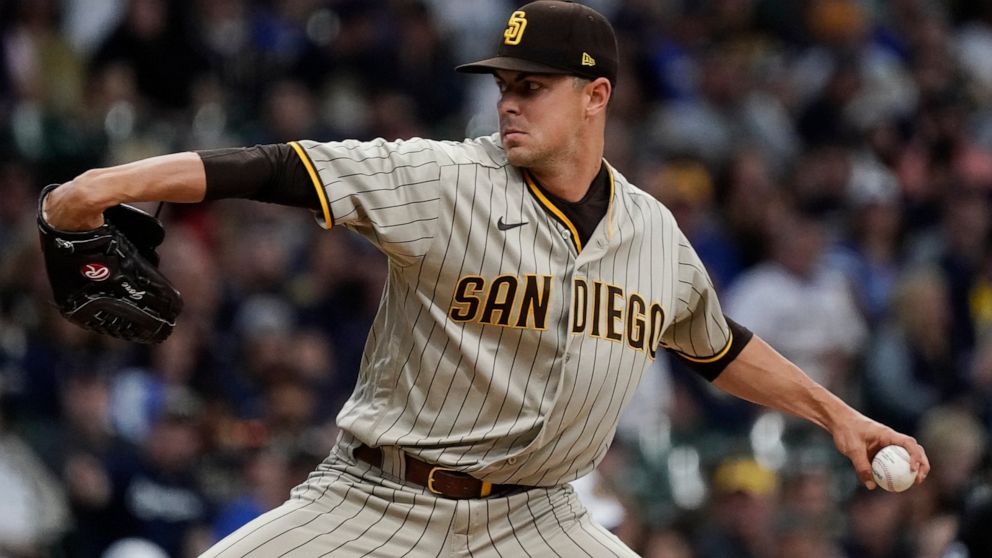 San Diego Padres starting pitcher MacKenzie Gore throws during the first inning of a baseball game against the Milwaukee Brewers Saturday, June 4, 2022, in Milwaukee. (AP Photo/Morry Gash)
