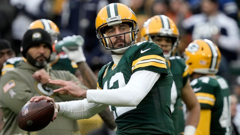 Green Bay Packers quarterback Aaron Rodgers warms up before an NFL football game against the Dallas Cowboys Sunday, Nov. 13, 2022, in Green Bay, Wis. (AP Photo/Morry Gash)