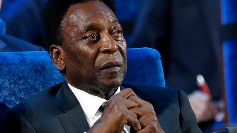 FILE - Brazilian Pele attends the 2018 soccer World Cup draw at the Kremlin in Moscow, Dec. 1, 2017. Brazilian soccer great Pelé was hospitalized in Sao Paulo to regulate the medication in his fight against a colon tumor, his daughter said on Wednesd