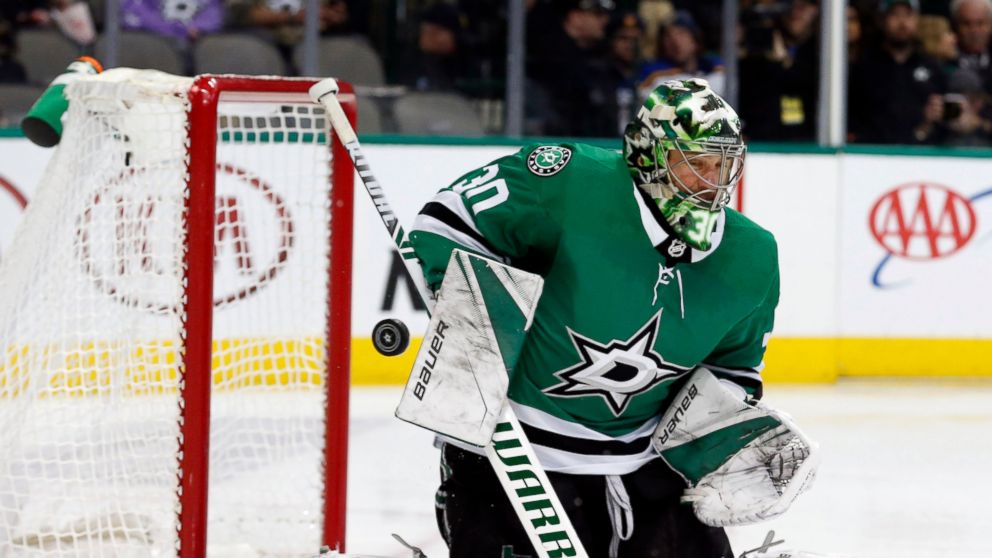 Dallas Stars goaltender Ben Bishop (30) makes a save on a shot by the St. Louis Blues during the second period of an NHL hockey game in Dallas, Saturday, Jan. 12, 2019. (AP Photo/Michael Ainsworth)