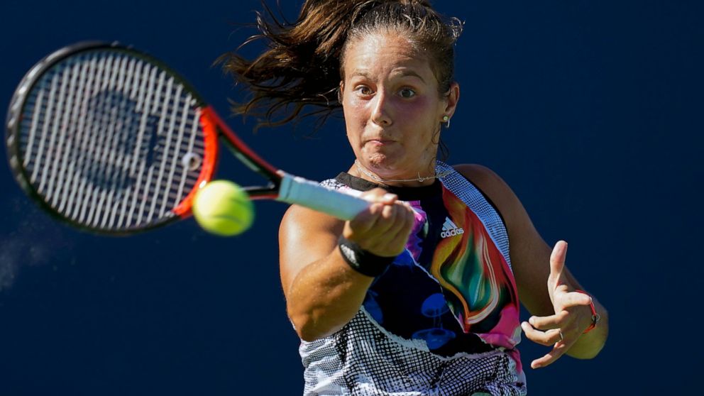 Daria Kasatkina, of Russia, hits a forehand to Shelby Rogers, of the United States, during the singles final at the Mubadala Silicon Valley Classic tennis tournament in San Jose, Calif., Sunday, Aug. 7, 2022. (AP Photo/Godofredo A. Vásquez)