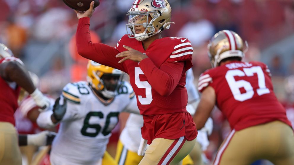 San Francisco 49ers quarterback Trey Lance (5) passes against the Green Bay Packers during the first half of an NFL preseason football game in Santa Clara, Calif., Friday, Aug. 12, 2022. (AP Photo/Jed Jacobsohn)