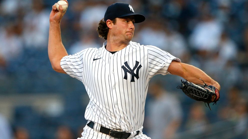 New York Yankees starting pitcher Gerrit Cole throws against the Los Angeles Angels during the first inning of a baseball game Monday, Aug. 16, 2021, in New York. (AP Photo/Noah K. Murray)