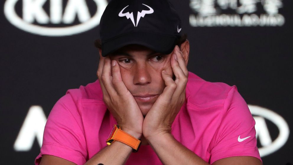 Spain's Rafael Nadal reacts during a press conference ahead of the Australian Open tennis championships in Melbourne, Australia, Saturday, Jan. 12, 2019. (AP Photo/Mark Schiefelbein)