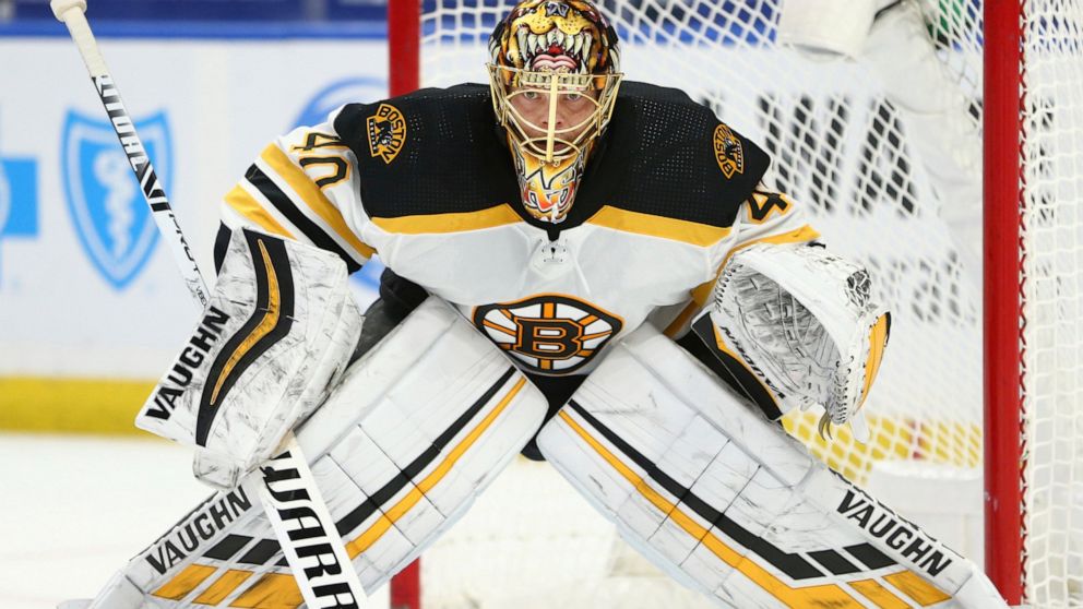 FILE - Boston Bruins forward Tuukka Rask (40) plays during the third period of an NHL hockey game against the Buffalo Sabres, Tuesday, April 20, 2021, in Buffalo, N.Y. Rask is signing a prorated, $1 million contract for the rest of the season with th
