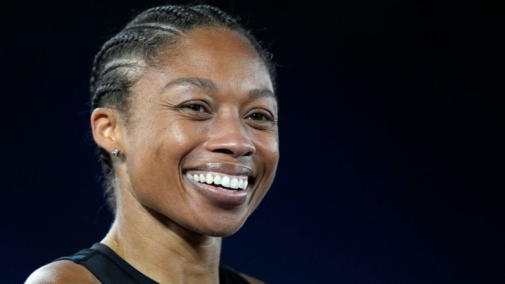 Allyson Felix of the United States smiles at the finish line of the women's 200-meter competition at the Golden Gala Pietro Mennea IAAF Diamond League athletics meeting in Rome, Thursday, June 9, 2022. (AP Photo/Andrew Medichini)