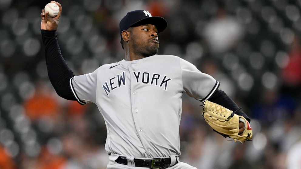 New York Yankees starting pitcher Luis Severino throws during the fourth inning of a baseball game against the Baltimore Orioles, Monday, May 16, 2022, in Baltimore. (AP Photo/Nick Wass)