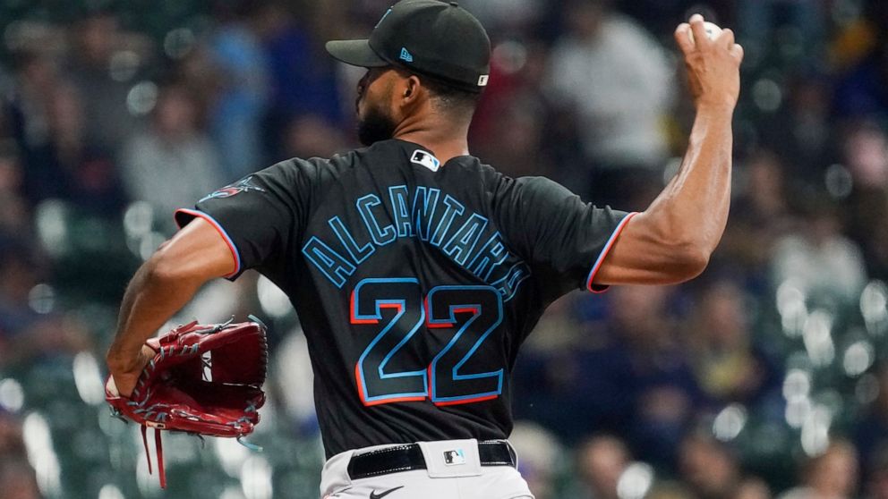Miami Marlins starting pitcher Sandy Alcantara throws during the first inning of a baseball game against the Milwaukee Brewers Friday, Sept. 30, 2022, in Milwaukee. (AP Photo/Morry Gash)