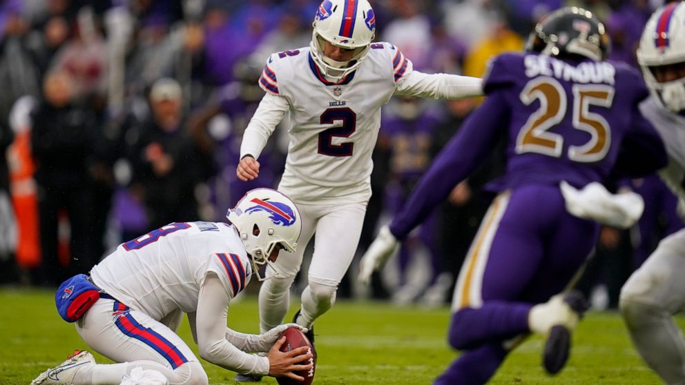 Buffalo Bills place kicker Tyler Bass (2) kicks a 21-yard field goal on the final play of the fourth quarter to give the Bills a 23-20 win over the Baltimore Ravens in an NFL football game Sunday, Oct. 2, 2022, in Baltimore. (AP Photo/Julio Cortez)