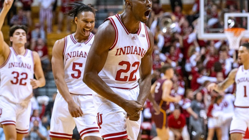 Indiana forward Jordan Geronimo (22) reacts after an Indiana score against Bethune-Cookman during the first half of an NCAA college basketball game Thursday, Nov. 10, 2022, in Bloomington, Ind. (AP Photo/Doug McSchooler)