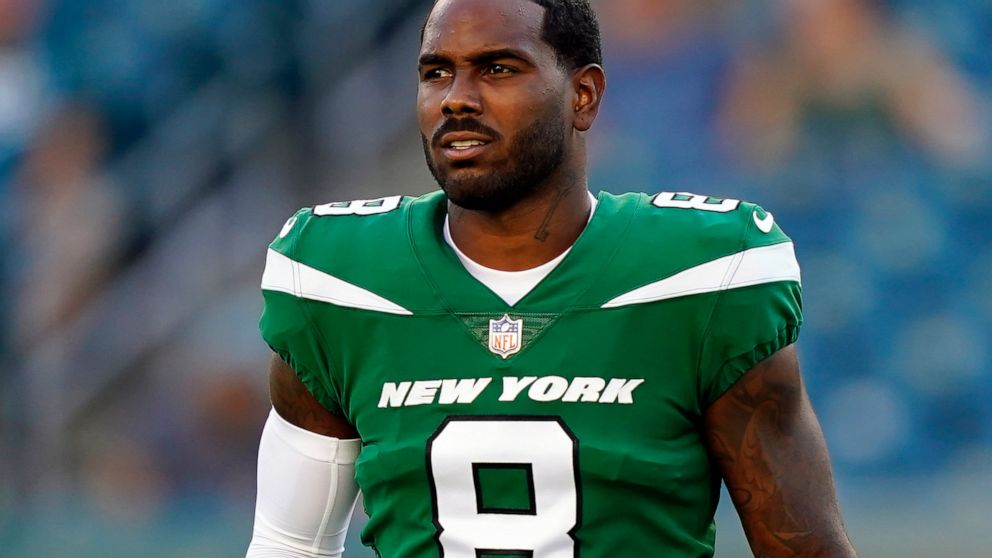 FILE - New York Jets' Elijah Moore is shown before a preseason NFL football game, Friday, Aug. 12, 2022, in Philadelphia. New York Jets wide receiver Elijah Moore was excused from practice by the team to attend to a personal matter involving his fami