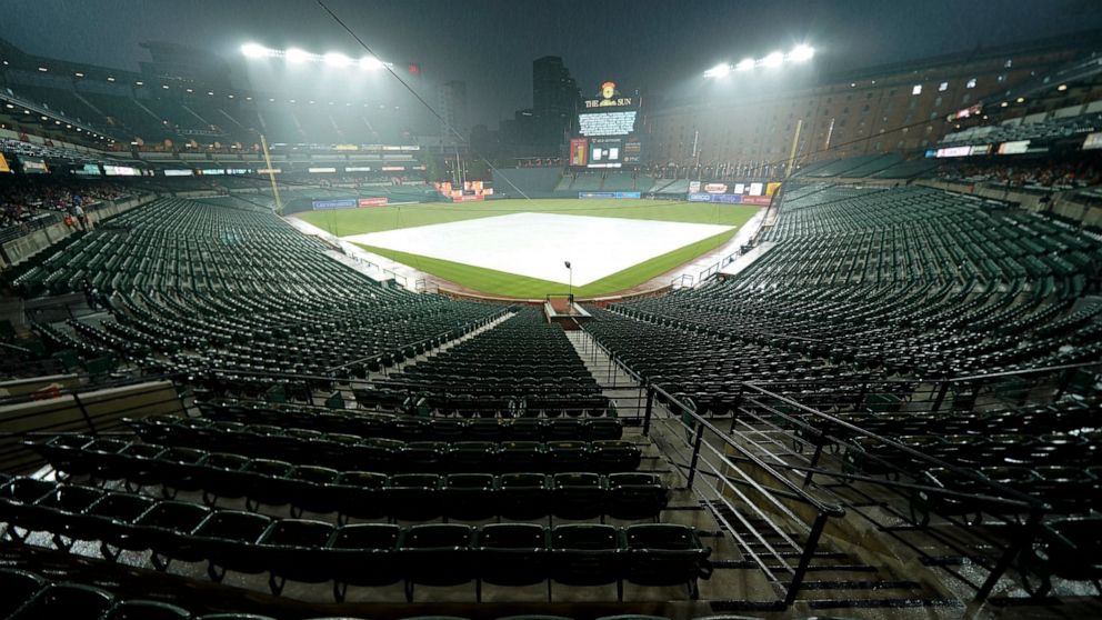 Rain falls over Oriole Park at Camden Yards during a delay of a baseball game between the Baltimore Orioles and the Chicago Cubs, Wednesday, June 8, 2022, in Baltimore. (AP Photo/Julio Cortez)