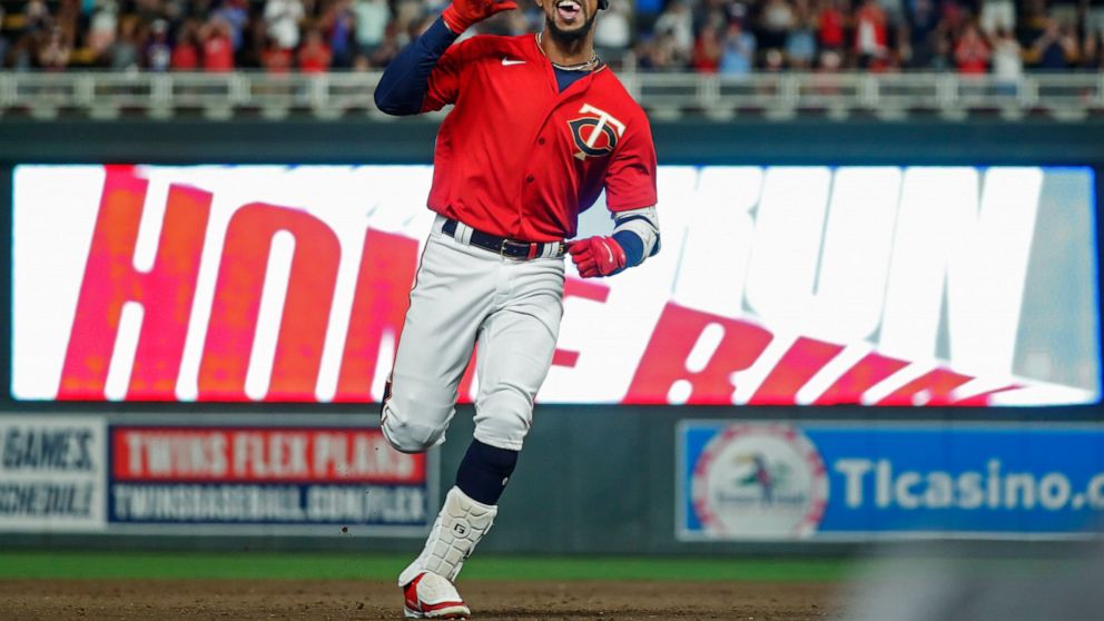 Minnesota Twins' Byron Buxton runs the bases on his two-run home run against the Baltimore Orioles during the ninth inning of a baseball game Friday, July 1, 2022, in Minneapolis. The Twins won 3-2. (AP Photo/Bruce Kluckhohn)
