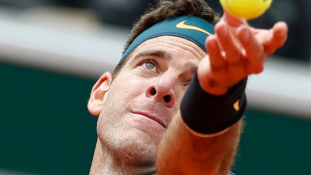 Argentina's Juan Martin del Potro serves against Chile's Nicolas Jarry during their first round match of the French Open tennis tournament at the Roland Garros stadium in Paris, Tuesday, May 28, 2019. (AP Photo/Pavel Golovkin)