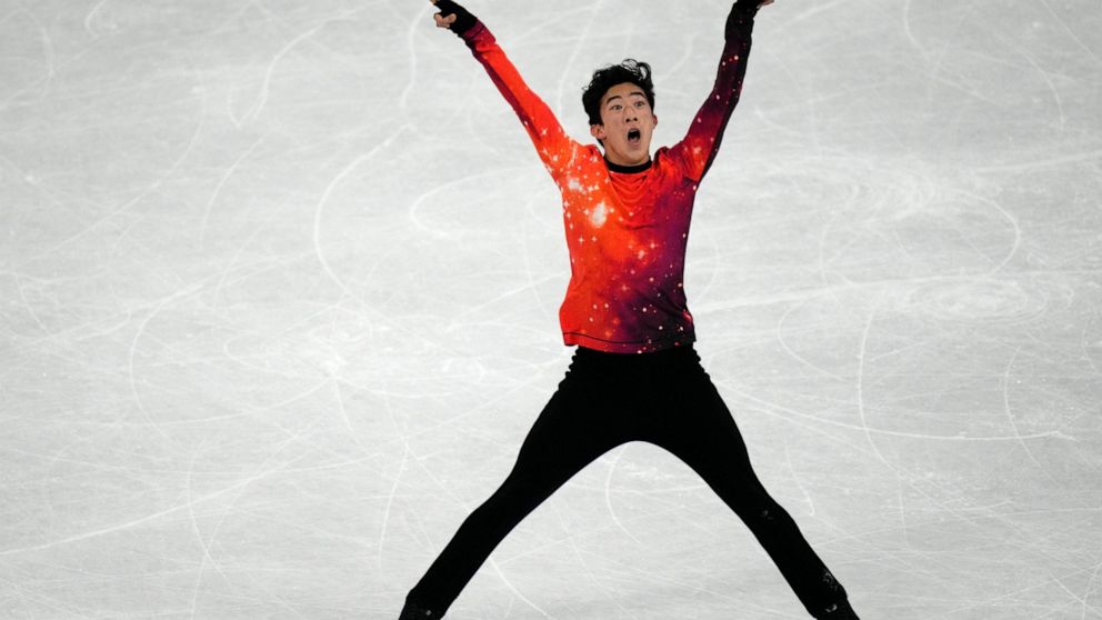 Nathan Chen, of the United States, competes in the men's free skate program during the figure skating event at the 2022 Winter Olympics, Thursday, Feb. 10, 2022, in Beijing. (AP Photo/Bernat Armangue)