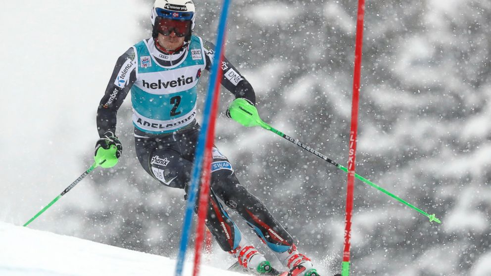 Norway's Henrik Kristoffersen competes during a ski World Cup men's slalom in Adelboden, Switzerland, Sunday, Jan. 13, 2019. (AP Photo/Gabriele Facciotti)