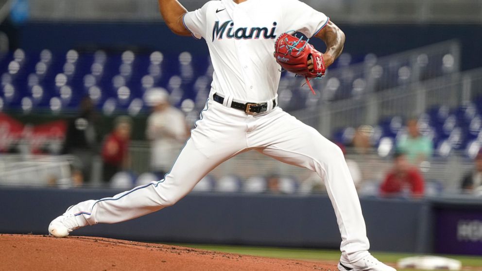 Miami Marlins starting pitcher Sandy Alcantara throw a pitch in the first inning of a baseball game against the Washington Nationals, Wednesday, June 8, 2022, in Miami. (AP Photo/Marta Lavandier)