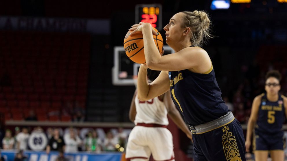 Notre Dame guard Dara Mabrey (1) prepares to shoot a 3-point basket in the first half of a second-round game against Oklahoma in the NCAA women's college basketball tournament Monday, March 21, 2022, in Norman, Okla. (AP Photo/ Mitch Alcala)