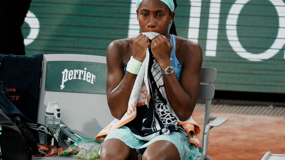 Coco Gauff of the U.S., reacts after losing the final against Poland's Iga Swiatek in two sets, 6-1, 6-3, at the French Open tennis tournament in Roland Garros stadium in Paris, France, Saturday, June 4, 2022. (AP Photo/Thibault Camus)