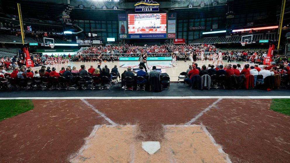 Wisconsin plays Stanford during the first half of an NCAA college basketball game Friday, Nov. 11, 2022, in Milwaukee. The game is being played at American Family Field, home of the Milwaukee Brewers. (AP Photo/Morry Gash)