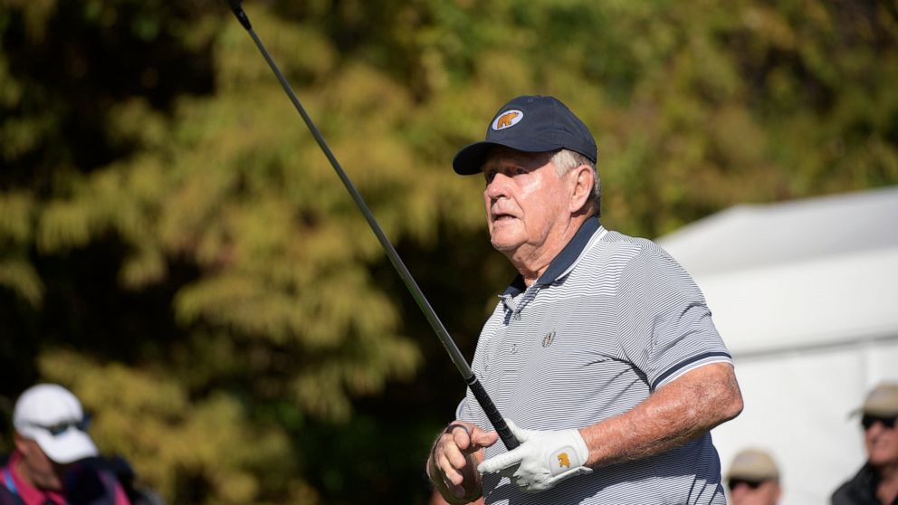 FILE -Jack Nicklaus tees off on the first hole during the first round of the Father Son Challenge golf tournament Saturday, Dec. 7, 2019, in Orlando, Fla. Nicklaus says he met with a Saudi group as a courtesy but had no interest in getting involved w
