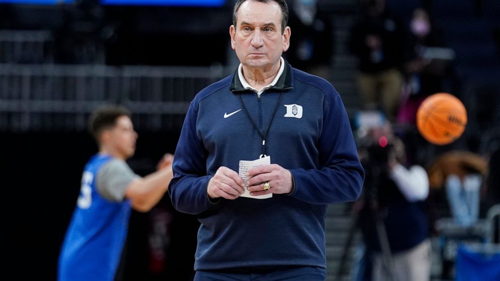 Duke head coach Mike Krzyzewski watches his team during practice for the NCAA men's college basketball tournament Wednesday, March 23, 2022, in San Francisco. Duke faces Texas Tech in a Sweet 16 game on Thursday. (AP Photo/Marcio Jose Sanchez)