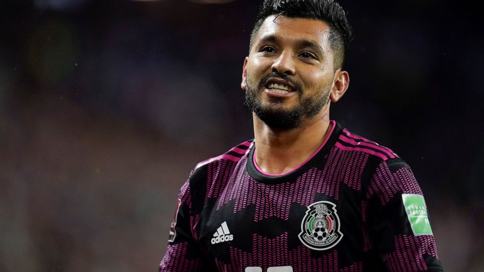 FILE - Mexico's Jesus Corona looks on during the second half of a FIFA World Cup qualifying soccer match between Mexico and the United States, Nov. 12, 2021, in Cincinnati. Mexico forward Jesús “Tecatito” Corona is set to miss the World Cup because o