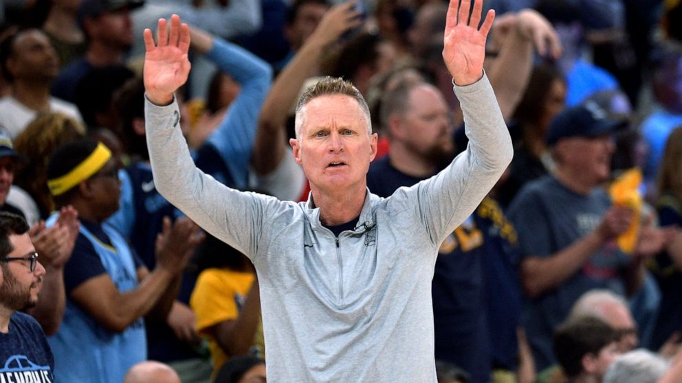 Golden State Warriors coach Steve Kerr gestures to players during the first half of Game 2 of the team's second-round NBA basketball playoff series against the Memphis Grizzlies on Tuesday, May 3, 2022, in Memphis, Tenn. (AP Photo/Brandon Dill)