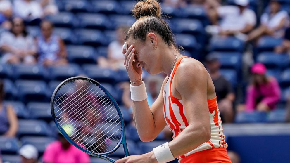 Maria Sakkari, of Greece, reacts after losing a point to Wang Xiyu, of China, during the second round of the US Open tennis championships, Wednesday, Aug. 31, 2022, in New York. (AP Photo/John Minchillo)