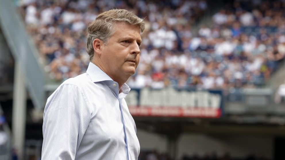 FILE - Hal Steinbrenner, chairman and managing general partner of Yankee Global Enterprises, looks on during retired New York Yankee Paul O'Neill's number retirement ceremony before a baseball game between the New York Yankees and the Toronto Blue Ja