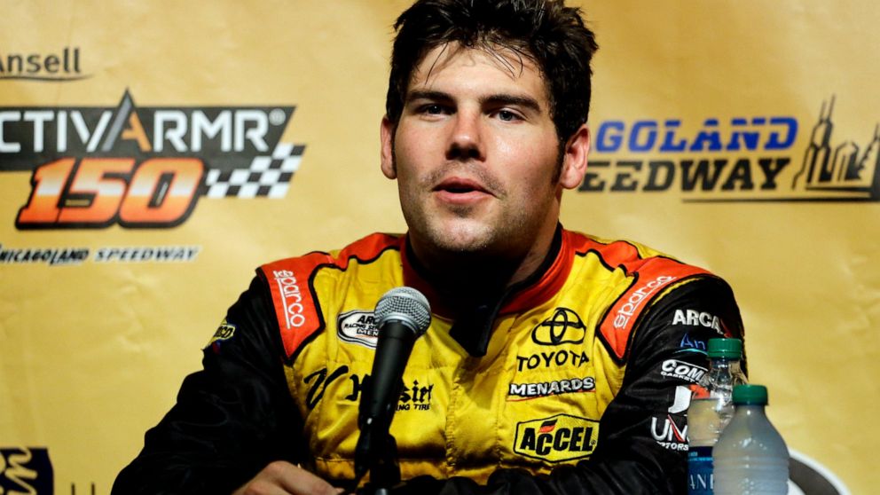 FILE - In this July 19, 2014, file photo, John Wes Townley speaks at a news conference after qualifying for the Arca Racing Series auto race at Chicagoland Speedway in Joliet, Ill. Former NASCAR driver Townley was killed Saturday, Oct. 2, 2021, in a 