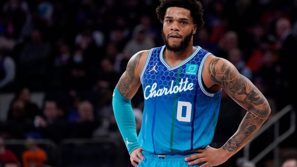 FILE - Charlotte Hornets forward Miles Bridges stands on the court during the first half of an NBA basketball game against the New York Knicks on Jan. 17, 2022, in New York. Bridges pleaded not guilty Wednesday, July 20, 2022, to felony domestic viol