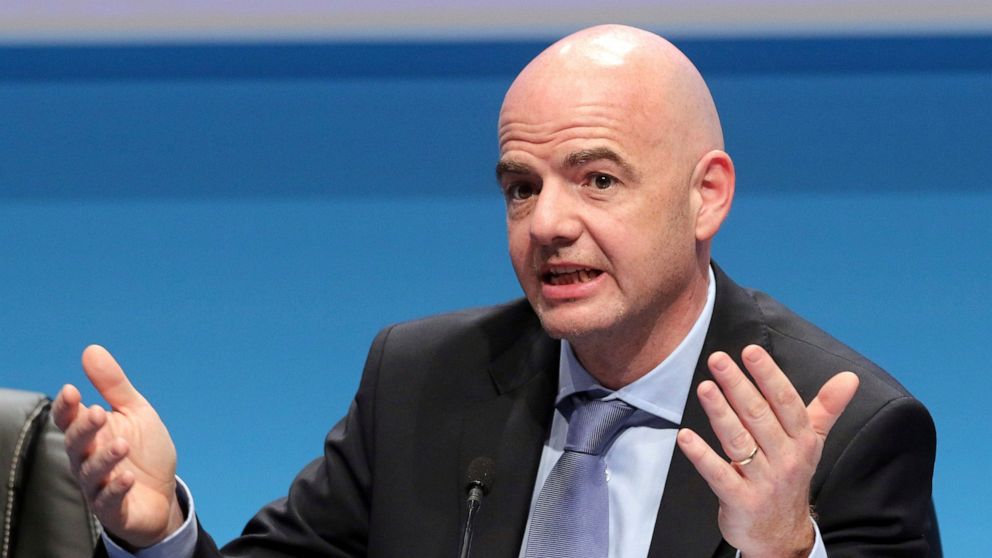 FILE - UEFA Secretary General Gianni Infantino speaks during a news conference at the end of the 39th Ordinary UEFA Congress in Vienna, Austria, on March 24, 2015. The last 32-team World Cup will be the shortest in this era. There are just 28 days fr