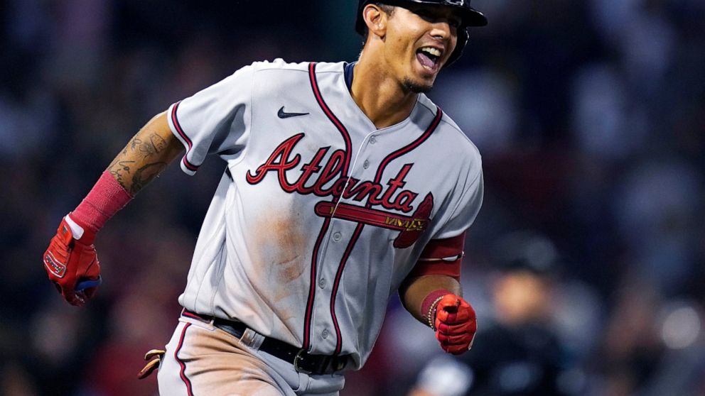 Atlanta Braves' Vaughn Grissom celebrates while running up the first base line on his two-run home run against the Boston Red Sox during the seventh inning of a baseball game Wednesday, Aug. 10, 2022, in Boston. (AP Photo/Charles Krupa)