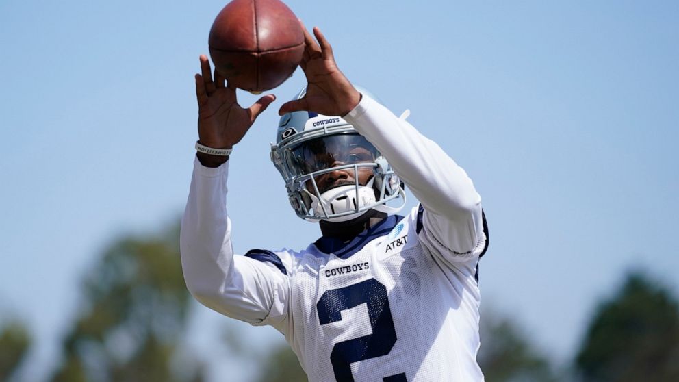 Dallas Cowboys wide receiver KeVontae Turpin (2) participates in drills at the NFL football team's practice facility in Oxnard, Calif. Wednesday, Aug. 3, 2022. (AP Photo/Ashley Landis)