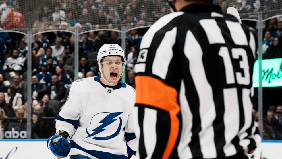 Tampa Bay Lightning's Vladislav Namestnikov celebrates after scoring against the Toronto Maple Leafs during the third period of an NHL hockey game, Tuesday, Dec. 20, 2022 in Toronto. (Chris Young/The Canadian Press via AP)