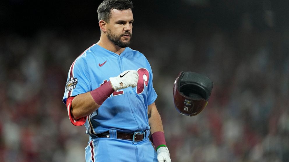 Philadelphia Phillies' Kyle Schwarber reacts after grounding out to end the sixth inning in Game 5 of baseball's World Series between the Houston Astros and the Philadelphia Phillies on Thursday, Nov. 3, 2022, in Philadelphia. (AP Photo/David J. Phillip)