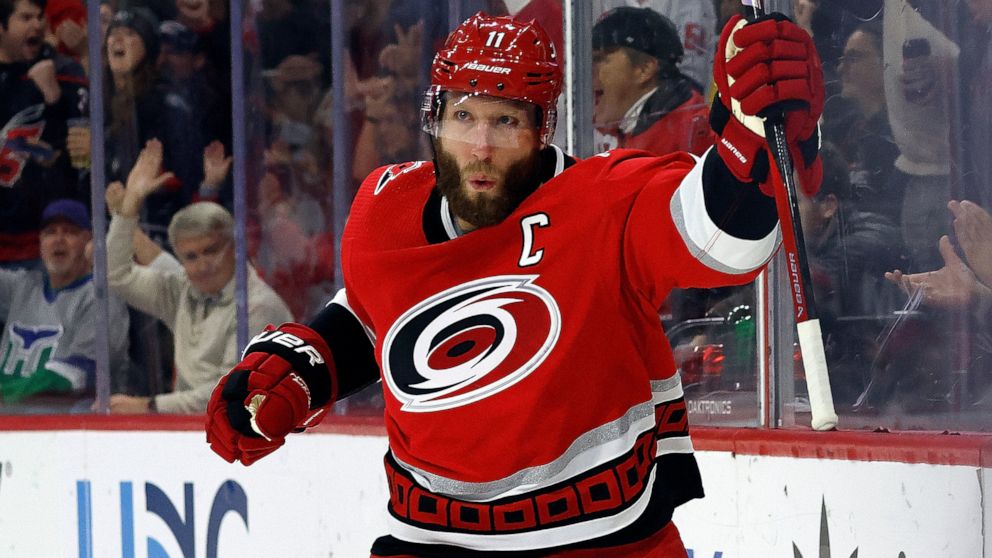 Carolina Hurricanes' Jordan Staal celebrates his goal against the New Jersey Devils during the second period of an NHL hockey game in Raleigh, N.C., Tuesday, Dec. 20, 2022. (AP Photo/Karl B DeBlaker)
