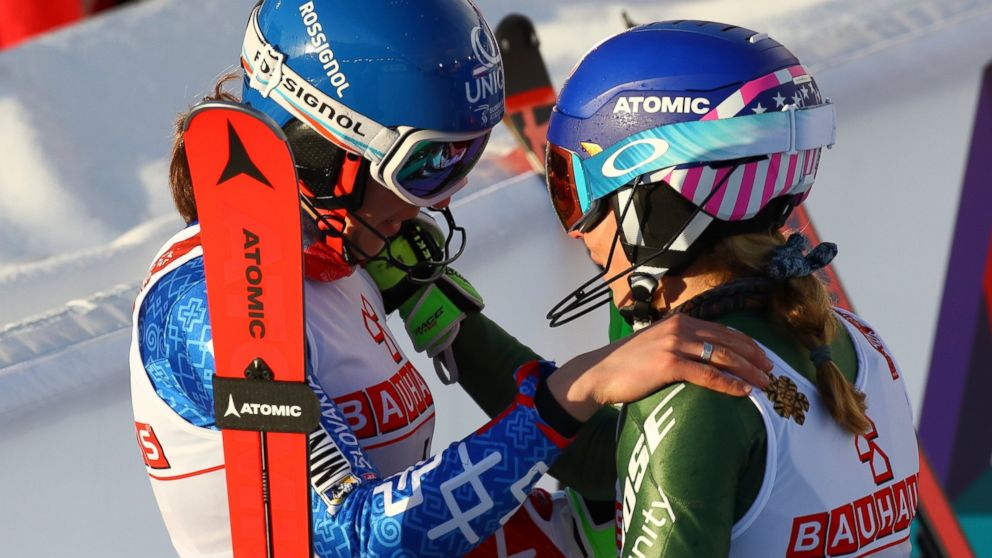 United States' Mikaela Shiffrin, right, is congratulated by Slovakia's Petra Vlhova after completing the women's slalom, at the alpine ski World Championships in Are, Sweden, Saturday, Feb. 16, 2019. Shiffrin won the race as Vlhova finished in third 