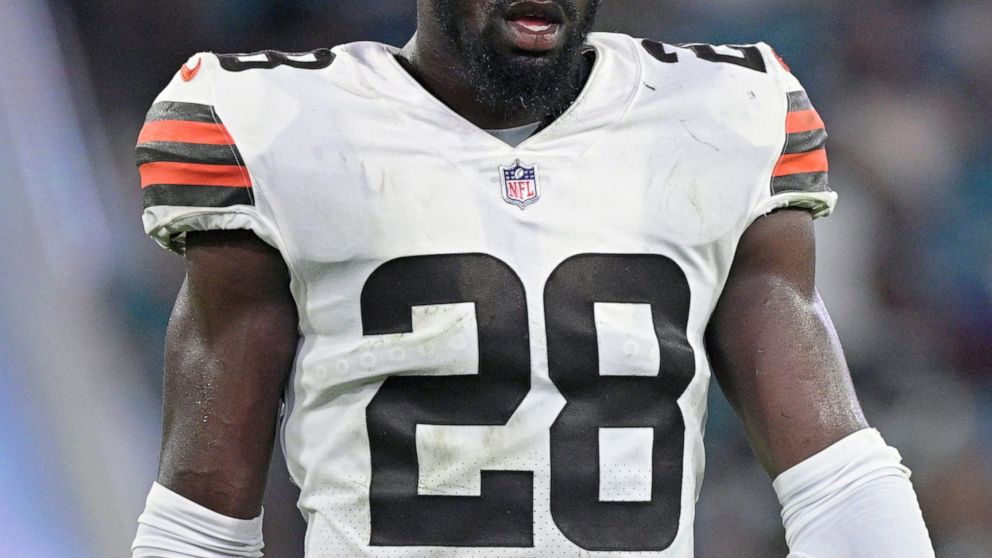 FILE - Cleveland Browns linebacker Jeremiah Owusu-Koramoah (28) walks onto the field during the second half of an NFL preseason football game against the Jacksonville Jaguars in Jacksonville, Fla., in this Saturday, Aug. 14, 2021, file photo. Browns 