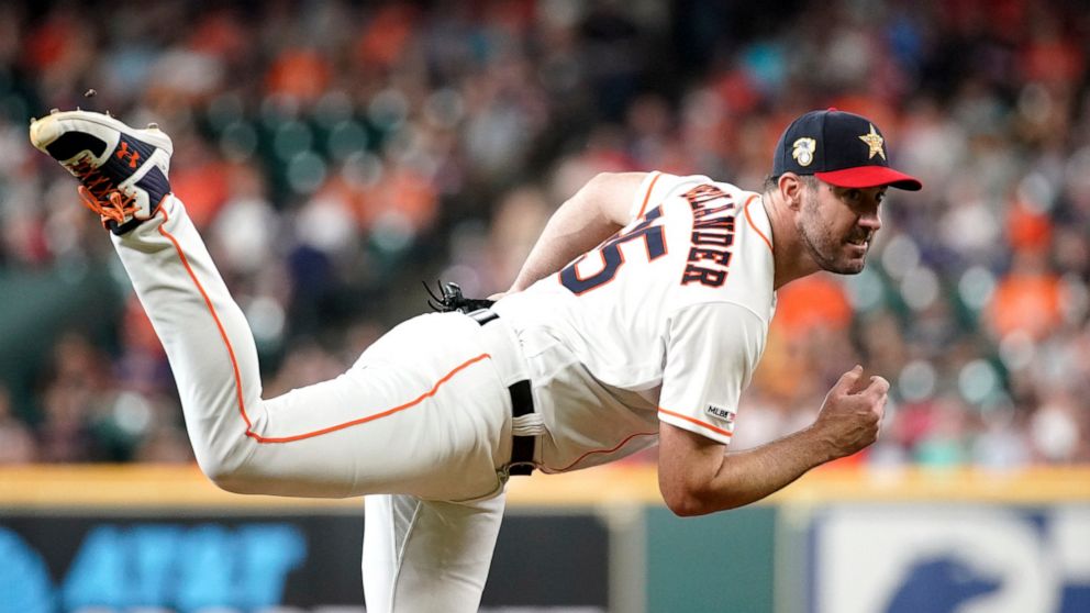 Houston Astros starting pitcher Justin Verlander throws against the Los Angeles Angels during the first inning of a baseball game Friday, July 5, 2019, in Houston. (AP Photo/David J. Phillip)
