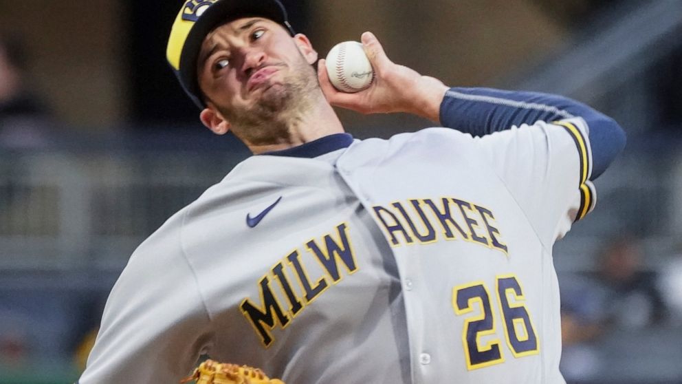 Milwaukee Brewers starter Aaron Ashby pitches against the Pittsburgh Pirates during the fifth inning of a baseball game Wednesday, April 27, 2022, in Pittsburgh. (AP Photo/Keith Srakocic)