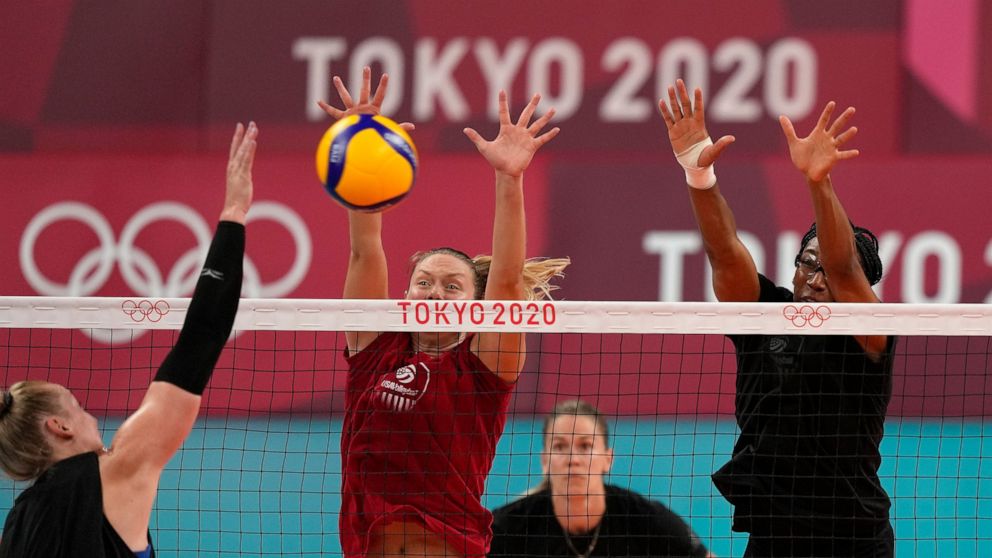 FILE - The U.S. women's volleyball team practices during a team training session at Ariake Arena during the 2020 Summer Olympics, July 22, 2021, in Tokyo. Authorities on Thursday, Nov. 10,2022, were looking for three Olympic medals belonging to a mem