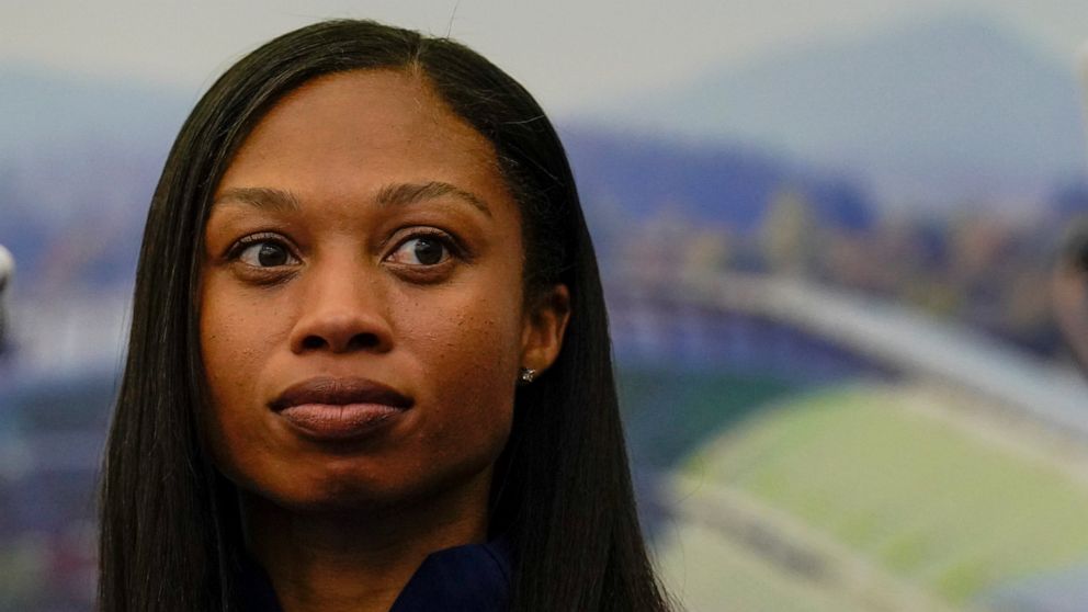 Allyson Felix, of the United States speaks during a news conference before the World Athletics Championships Thursday, July 14, 2022, in Eugene, Ore. (AP Photo/Gregory Bull)