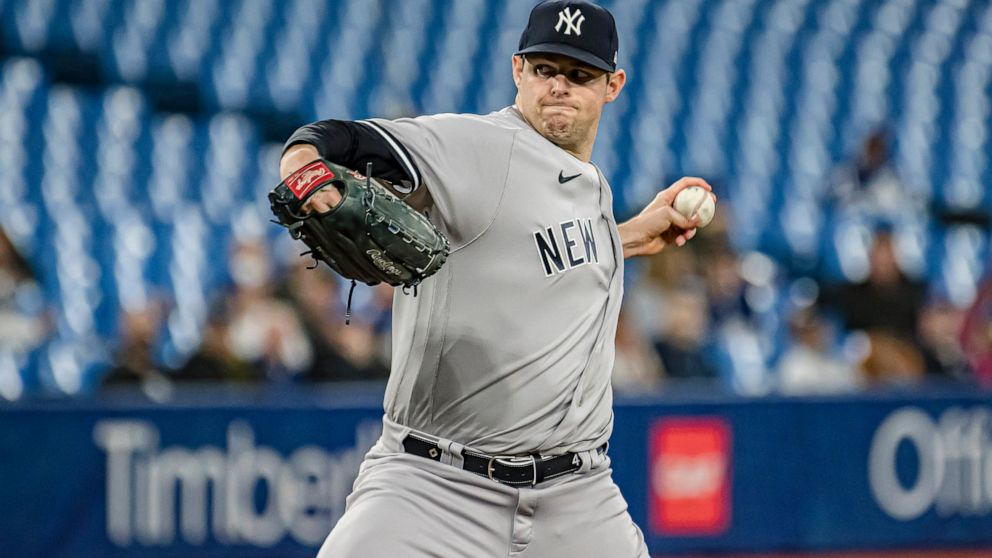 New York Yankees starting pitcher Jordan Montgomery (47) throws the ball during the during the second inning of a baseball game against the Toronto Blue Jays, Monday, May 2, 2022 in Toronto. (Christopher Katsarov/The Canadian Press via AP)