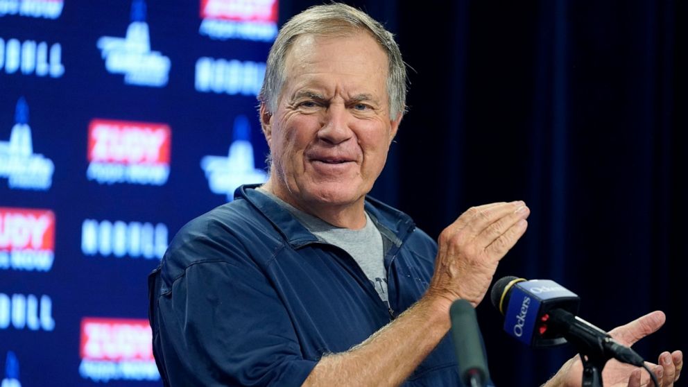 New England Patriots head coach Bill Belichick faces reporters Monday, Aug. 29, 2022, at the NFL football team's stadium in Foxborough, Mass. (AP Photo/Steven Senne)
